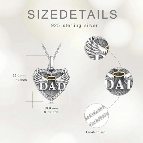 Family Members Urn Necklace for Ashes 925 Sterling Silver Angel Wings Heart Cremation Memorial Keepsake Pendant Jewelry for Loved One's Ashes, with 18" + 2" Stainless Steel Chain - style: Heart-Dad