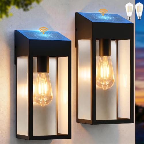 12” Outdoor Solar Wall Lights Dusk to Dawn Included E26 Bulbs 2PK | Black Exterior Solar Porch Lights, Outdoor Solar Sconce Lights Waterproof, Quick & Easy Installation, for Garden Front Door - size: 12 inch