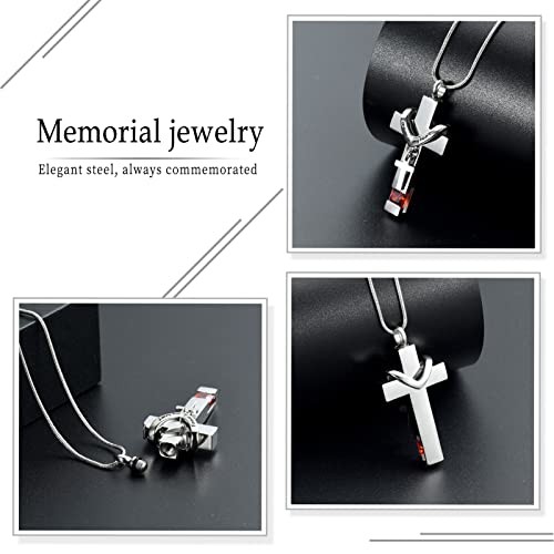 Forever in My Heart Birthstone Personalized Double Cross Urn Pendant Cremation Jewelry for Ashes Cross Ashes Keepsake - color: Silver-Red