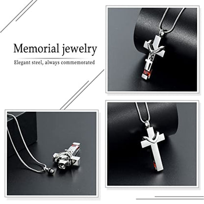Forever in My Heart Birthstone Personalized Double Cross Urn Pendant Cremation Jewelry for Ashes Cross Ashes Keepsake - color: Silver-Red