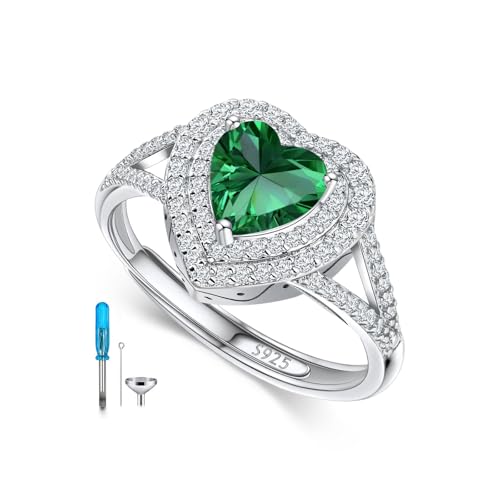 AOBOCO Sterling Silver Heart Birthstone Cremation Ring Holds Loved One's Ashes, Heart Urn Ring for Women, Memorial Keepsake Embellished with Austrian Crystals size 6-9 Adjustable Ring - color: 05-emerald-May