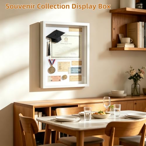 11x14 Shadow Box - Deep Picture Frame with Shatter-Resistant Panel for Wall Decor | 3D Display Case for Military Medals,Flowers,Photos and Crafts | Easy to Open & Ready to Hang Gift (White)
