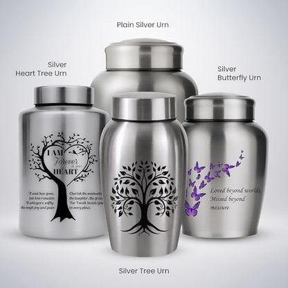 Stainless Steel Silver Urn for Ashes Male & Female, Cremation urns for Human Ashes Man & Women, Set of 5 Includes 1 Large Urn, 2 Keepsakes & 1 Silver & Black Cross Necklace - color: Stainless Steel Tree of Life Urn - Companion Set