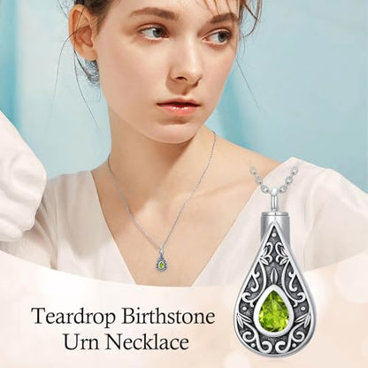 Teardrop Urn Necklace for Ashes Filigree Birthstone Keepsake Pendant Cremation Jewelry for Ashes Memorial Jewelry Gifts for Loss of a Loved One for Women - style: Aug-Peridot