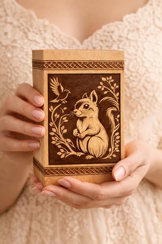 Handcrafted Wooden Urn Box with Squirrel & Bird Engraving – Decorative Memorial Keepsake[Available urn Box in 5 Different Sizes] (((Full Size 14X7.5 600 Cubic INCHES)))