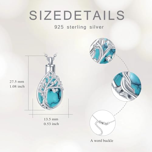 Diamond Tree of Life Urn Necklace for Ashes 925 Sterling Silver Family Tree of Life Cremation with Funnel Filler Ash Holder Keepsake Memorial Jewelry Gifts for Women,18+2 inch - style: Style 1-Turquoise