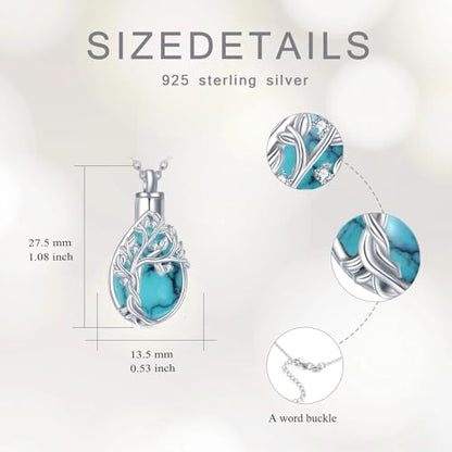 Diamond Tree of Life Urn Necklace for Ashes 925 Sterling Silver Family Tree of Life Cremation with Funnel Filler Ash Holder Keepsake Memorial Jewelry Gifts for Women,18+2 inch - style: Style 1-Turquoise