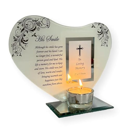 His Smile - Inspirational Poem, Candle and Photo Holder Glass Memorial Plaque