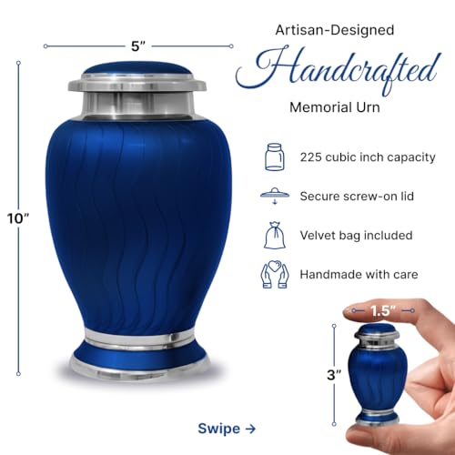 Family Tribute Set of Cremation Urn for Human Ashes Male & Female with 1 Large Urn, 1 Small Keepsake & 1 Silver & 1 Black Cross Necklace- Hotep Tropical Blue - color: Hotep Tropical Blue Set
