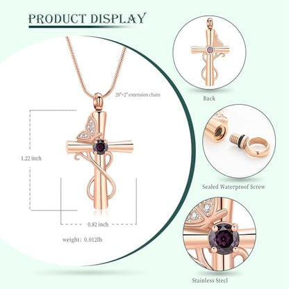 Butterfly Cross Cremation Jewelry Urn Necklaces Cross Butterfly Urn Necklaces for Ashes Memorial Keepsake Pendant for Women Men Gifts With Funnel Kit & Bag - color: Rose+Purple