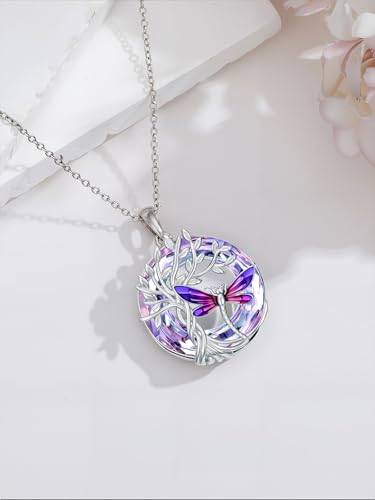 TOUPOP Butterfly Necklace for Women 925 Sterling Silver Tree of Life Butterflies Dragonfly Hummingbird Pendant Necklaces Crystal Jewelry Anniversary Christmas Birthday Gift for Her - color: Dragonfly Purple