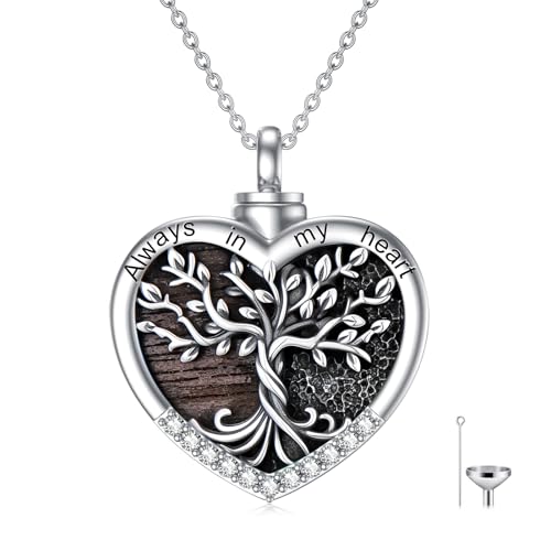 TOUPOP Tree of Life Urn Necklaces for Ashes 925 Sterling Silver Heart Cremation Jewelry Memorial Keepsake Jewelry with Funnel Filler for Women Men - color: A-Heart Tree of Life-Wood