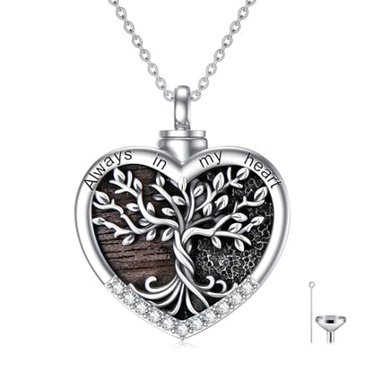 TOUPOP Tree of Life Urn Necklaces for Ashes 925 Sterling Silver Heart Cremation Jewelry Memorial Keepsake Jewelry with Funnel Filler for Women Men - color: A-Heart Tree of Life-Wood