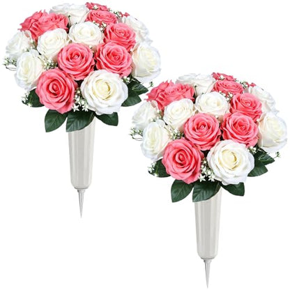Lewondr Artificial Cemetery Flowers with Vase for Grave, Pink Roses, 2 Pack - color: White+pink