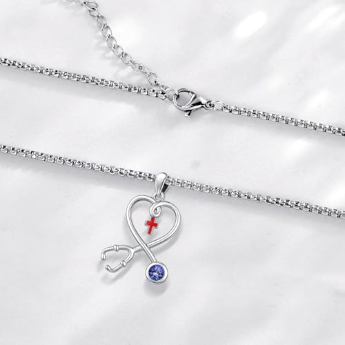 Angel Wings Necklace 925 Sterling Silver Guardian Angel Nurse RN Caduceus Pendant Charm Crystal Angel Jewelry Gifts for Women - style: H-Stethoscope-12-Dec.-Tanzanite