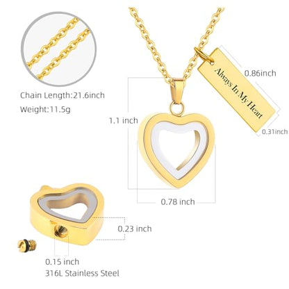 Glass Heart Cremation Urn Necklace for Ashes Stainless Steel Memorial Ash Pendant Keepsake Jewelry Cremation Jewelry for Women - color: Gold-Always In My Heart