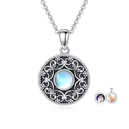 Round Locket Necklace 925 Sterling Silver Filigree/Flower Locket Necklace That Holds Pictures Birthday Christmas Jewelry Gifts for Women - color: 01-Moonstone Locket