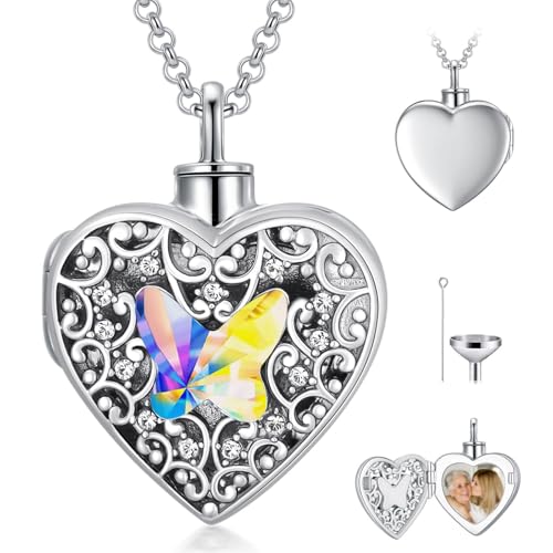 Dorunmo Personalized Heart Urn Locket Necklace for Ashes and Pictures 925 Sterling Silver Customized Locket Memorial Keepsake Cremation Jewelry for Ashes for Women Men Keep Someone Near to You - color: Color White Butterfly, style: Personalized Photo + Te