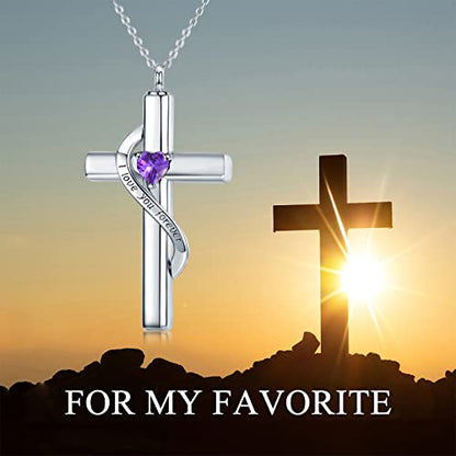 SOULMEET Crystal Cross Necklace for Ashes, Sterling Silver I Love You Forever Birthstone Cross Urn Necklaces for Ashes Keepsake Cremation Jewelry for Pet Human Ashes - style: B-White Gold-February