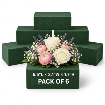 Florables Wet Floral Foam Blocks (5.5" L x 3.1" W x 1.7" H, Pack of 6) – Green Foam for Flower Arrangements, Floral Foam Base & Bouquet Foam for Fresh Flowers, Wedding Flower Arranging Supplies - size: Small Pack of 6