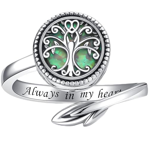 Tree of Life Urn Ring for Ashes 925 Sterling Silver Adjustable Family Tree with Opal Memorial Keepsake Jewelry Always in My Heart Cremation Ring for Women - color: Green opal