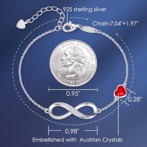 CDE 925 Sterling Silver Infinity Birthstone Bracelet Jewelry Gift for Women | Hypoallergenic,Non Tarnish,Heart CZ,Nickel-Free & Lead-Free,Anniversary Christmas Birthday Idea Gifts for Wife Girlfriend Her - color: Crystal-Red