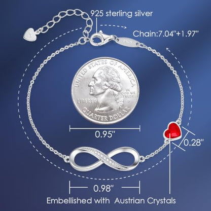 CDE 925 Sterling Silver Infinity Birthstone Bracelet Jewelry Gift for Women | Hypoallergenic,Non Tarnish,Heart CZ,Nickel-Free & Lead-Free,Anniversary Christmas Birthday Idea Gifts for Wife Girlfriend Her - color: Crystal-Red