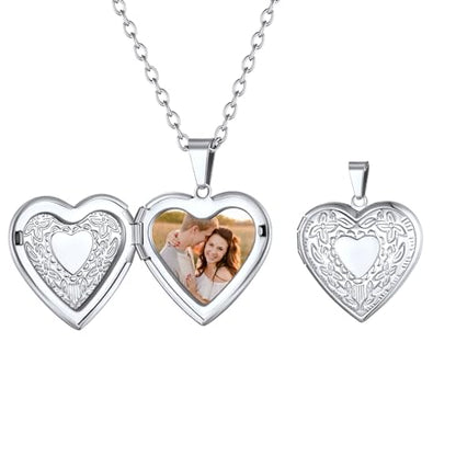 FindChic Locket Necklace for Women Custom Photo Memorial Gifts Multi-Shaped | Silver/Black/Rose Gold/Gold Plated Personalized Gifts for Loved Ones, Birthday Valentine's Day Keepsake - color: Silver-Heart to Heart
