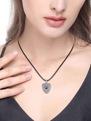 Dreamboat Pet Urn Necklace for Dog Cat Ashes 925 Sterling Silver Paw Print Cremation Keepsake Pendant Celtic Knot Memorial Jewelry Gifts for Women Men - style: 02B-Shield (Silver Personalized)
