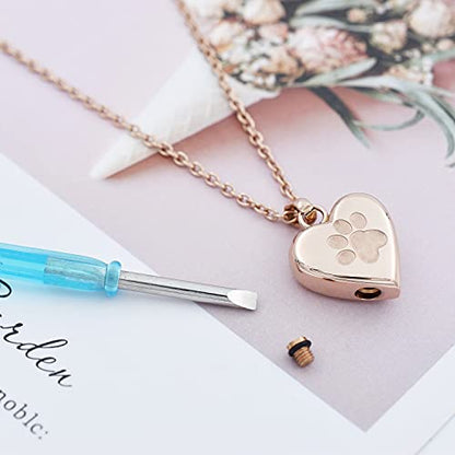 Pet Urn Necklace Heart Memorial Urn Pendant Dog Cat Keepsake Funeral Jewelry 316L Stainess Steel Paw Print Cremation Jewelry - color: Rose Gold One Paw