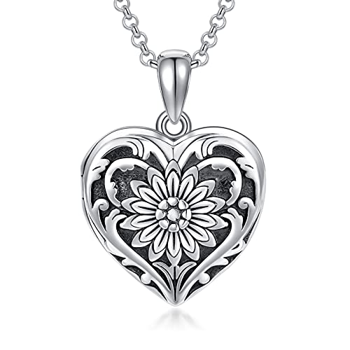 SOULMEET Sunflower/Rose/Daisy Heart Locket Necklace That Holds Pictures Keep Someone Near to You Sterling Silver/Gold Personalized Photo Locket Gift - style: B-Sunflower locket only