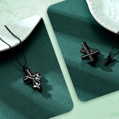 Butterfly Cross Cremation Jewelry Urn Necklaces Stainless Steel Cross Urn Necklaces for Ashes Memorial Keepsake Pendant for Women Gifts With Funnel Kit & Bag - color: Black+White