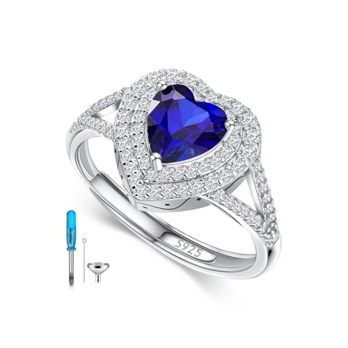 AOBOCO Sterling Silver Heart Birthstone Cremation Ring Holds Loved One's Ashes, Heart Urn Ring for Women, Memorial Keepsake Embellished with Austrian Crystals size 6-9 Adjustable Ring - color: 09-sapphire-Sept