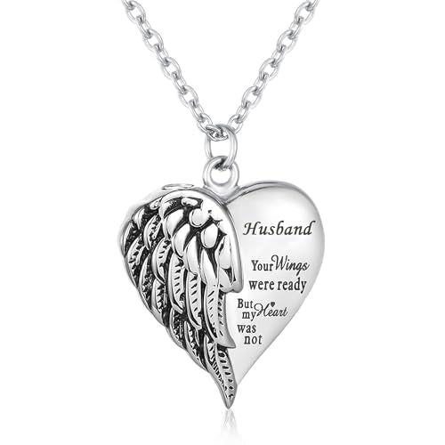 Heart Cremation Urn Necklace Human Ashes Jewelry for Women Men Engraved Your Wings were Ready but My Heart was Not Angel Wings Memorial Pendant Necklace Gift for Family Members - color: Husband