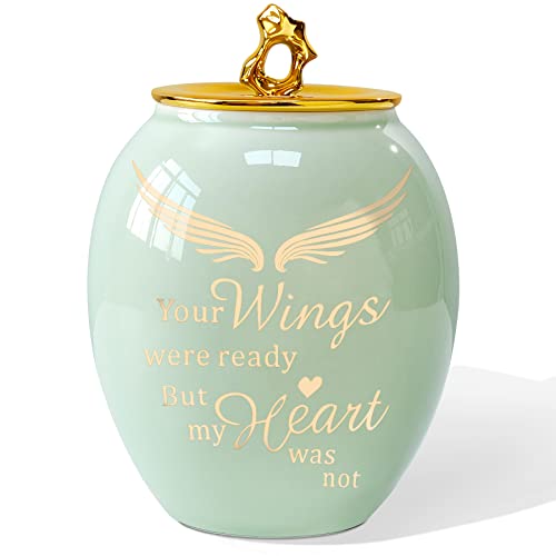 Green Medium Cremation Urn for Human Ashes Adult Male Female | Angel Ceramic Urn for Ashes Men Women Dad Mom,Memorial Urn with Velvet Bag & Funnel – A Perfect Tribute & Gift for Families - size: Medium