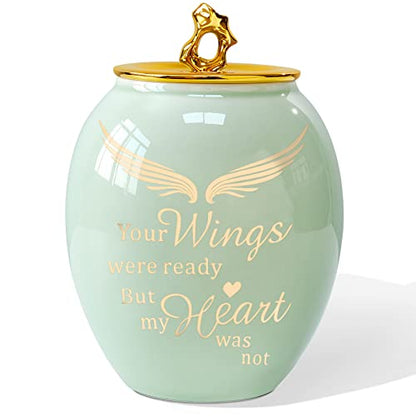 Green Medium Cremation Urn for Human Ashes Adult Male Female | Angel Ceramic Urn for Ashes Men Women Dad Mom,Memorial Urn with Velvet Bag & Funnel – A Perfect Tribute & Gift for Families - size: Medium