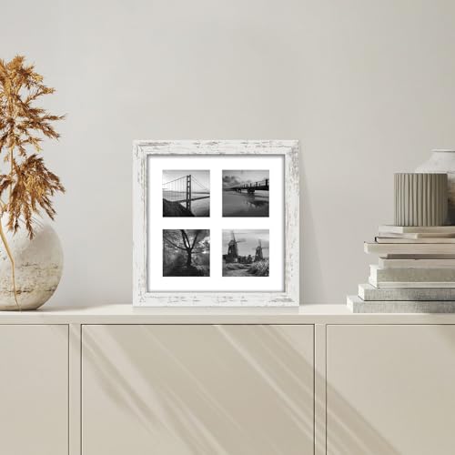 Hongkee 10x10 Picture Frame Set of 2, Collage Four 4x4 with Mat, Real Glass - color: Distressed White, size: 10x10 in matted to 4-4x4