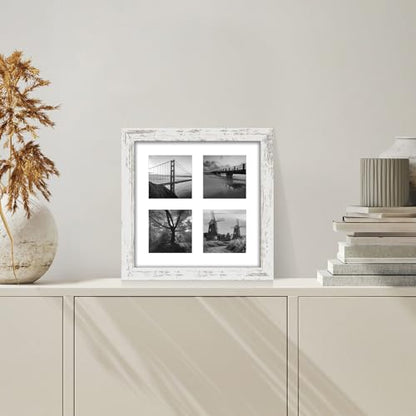 Hongkee 10x10 Picture Frame Set of 2, Collage Four 4x4 with Mat, Real Glass - color: Distressed White, size: 10x10 in matted to 4-4x4