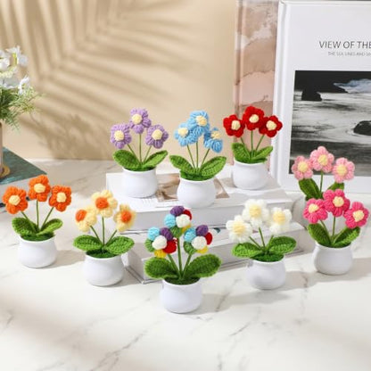 9 Pack Crochet Flower Bouquet Pot Bulk Thank You Gifts Handmade Knitted Puff Flower Mini Floral Plant for Women Coworker Summer Wedding Home Table Car Decor - style: Puff Flowers