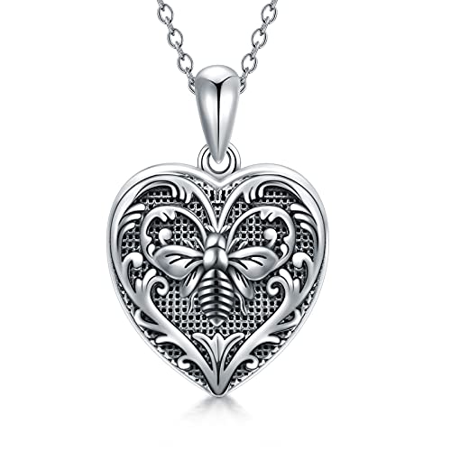 SOULMEET Personalized Silver Locket Necklace That Holds Pictures Photo Keep Someone Near to You, Memorial Custom Lockets Necklaces Letters Engraving for His Her - color: E-Bee-Black, style: Locket Necklace Only