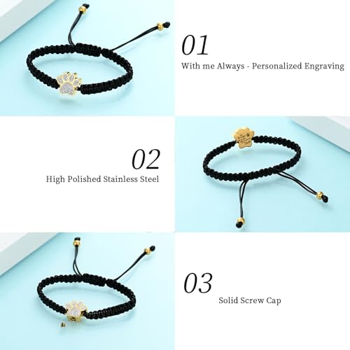 Hearbeingt Paw Print Urn Bracelet for Ashes Pet Cremation Jewelry | Stainless Steel,Adjustable Braided Rope,Mini Ash Holder for Dog Cat,Memorial Keepsake Jewelry, Bereavement Gift Pet Loss - color: A-Gold