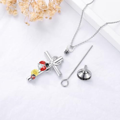 Cross Urn Necklace for Ashes 925 Sterling Silver Cremation Jewelry with Funnel Filler Kit Ashes Necklace for Human Women Girl Pets - color: G_Ladybug Urn Necklace, style: Personalized