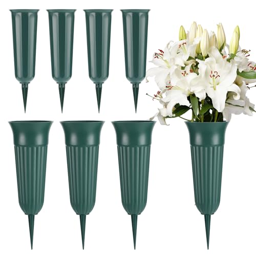 8 Pack Cemetery Vases for Grave - 2 Sizes of Plastic Flower Holders with Spikes, Cemetery Decorations Cone Vase for Patriotic Memorial Day Grave Accessories (Green) - color: Green