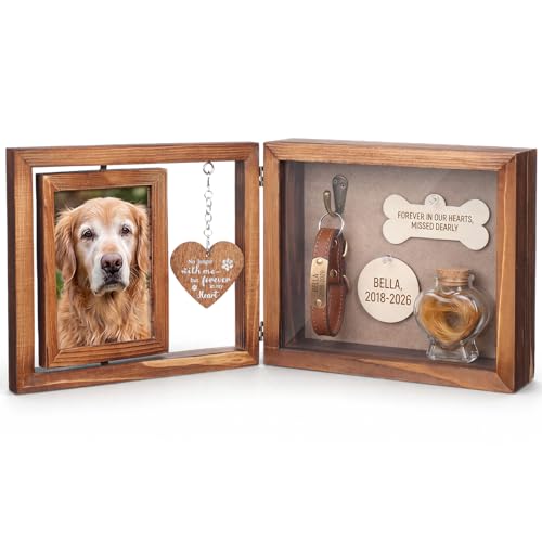 Threehoney Pet Memorial Shadow Box Dog Memorial Gift for Loss of Pet Rotating Wooden Frame for 4x6 Photo Fur Hair Jar Wooden Plaques Sympathy Gift for Dog Cat Bereavement Passed Away Remembrance
