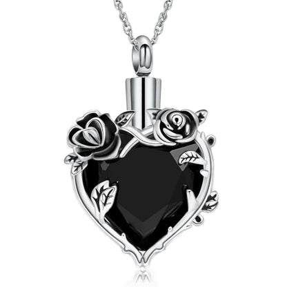 shajwo Cremation Jewelry Rose Flower Heart Urn Necklaces for Ashes for Women Memorial Human Ashes Pendant - color: Black