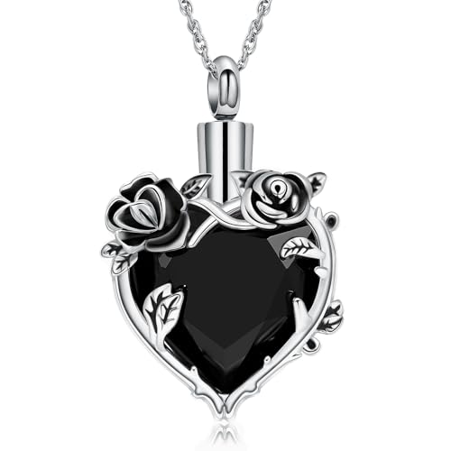 shajwo Cremation Jewelry Rose Flower Heart Urn Necklaces for Ashes for Women Memorial Human Ashes Pendant - color: Black