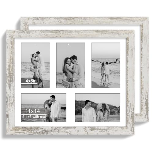 Hongkee 11x14 Picture Frame Set of 2, Collage Five 4x6 with Mat, Real Glass - color: Distressed White, size: 11x14 in matted to 5-4x6