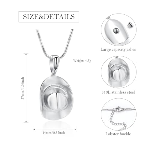 Hearbeingt Cowboy Hat Urn Necklace for Ashes Cremation Jewelry - color: Silver