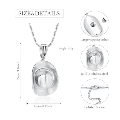 Hearbeingt Cowboy Hat Urn Necklace for Ashes Cremation Jewelry - color: Silver