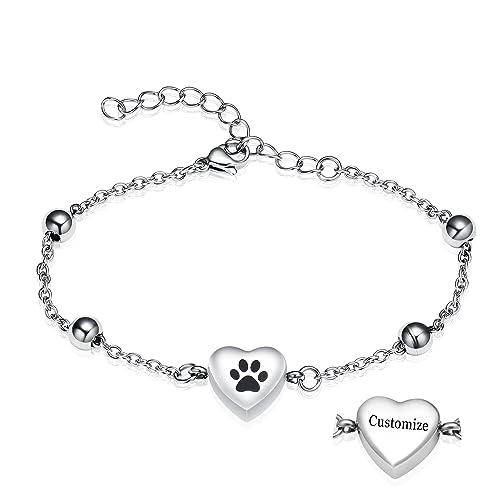 zeqingjw Pet Paw Urn Bracelet for Ashes Adjustable Heart Cremation Bracelet for Pets Ashes Stainless Steel Dog Cat Cremation Jewelry Memorial Keepsake Gift - color: 1-Customize